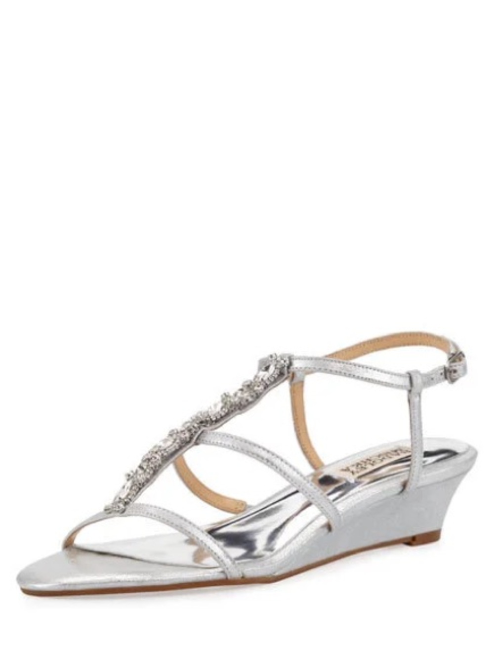 Badgley Mischka Carley II Silver Crystal T-Strap Wedge Sandals Size 7.5